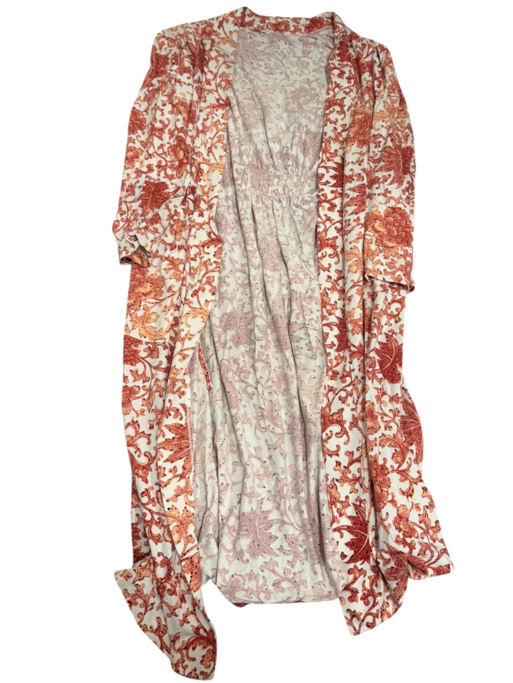 Peruvian Connection Cotton Robe or Kimono Duster in Red, Orange, White Pattern